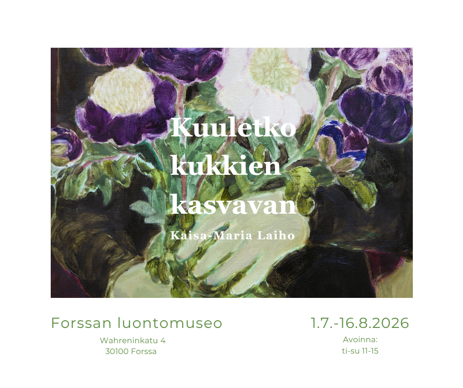 Kuuletko kasvien kasvavan - Kaisa-Maria Laihon taidenäyttely esillä Forssan luontomuseossa 1.7.-16.8.2026. Näyttelyyn vapaa pääsy.